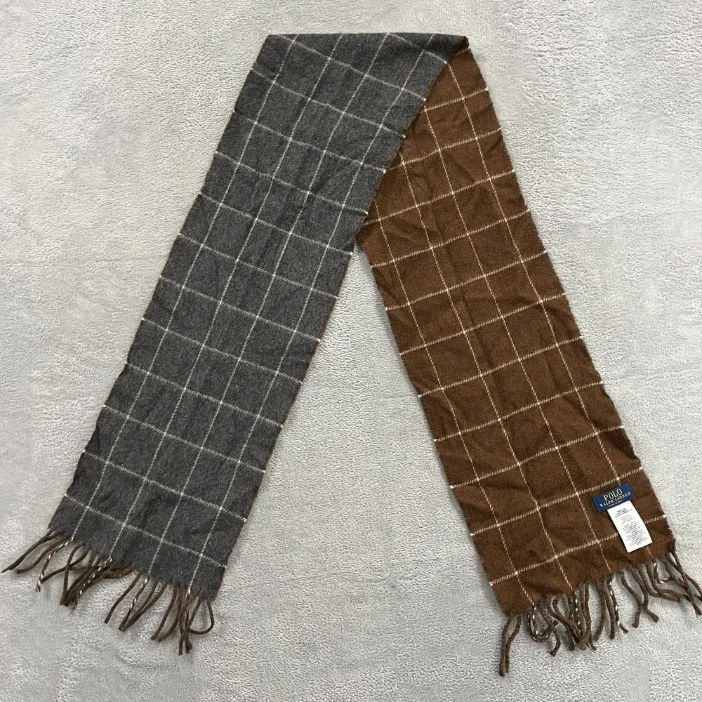 Polo Ralph‎ Lauren Scarf Wool Plaid Italy Brown Gray Plaid Fringes Old Money